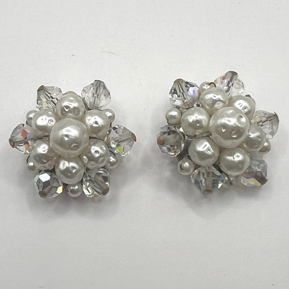 Vintage Clip On Cluster Earrings Clear and Faux Pearl Beads